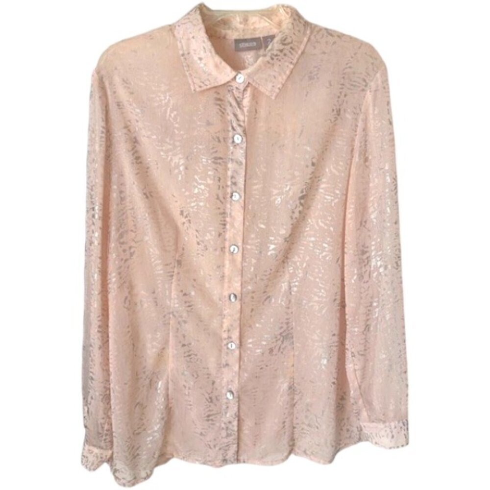 Chico's Semi-Sheer Long-Sleeved Relaxed Fit Blouse - Pink/Silver - 2 (US 12-14)